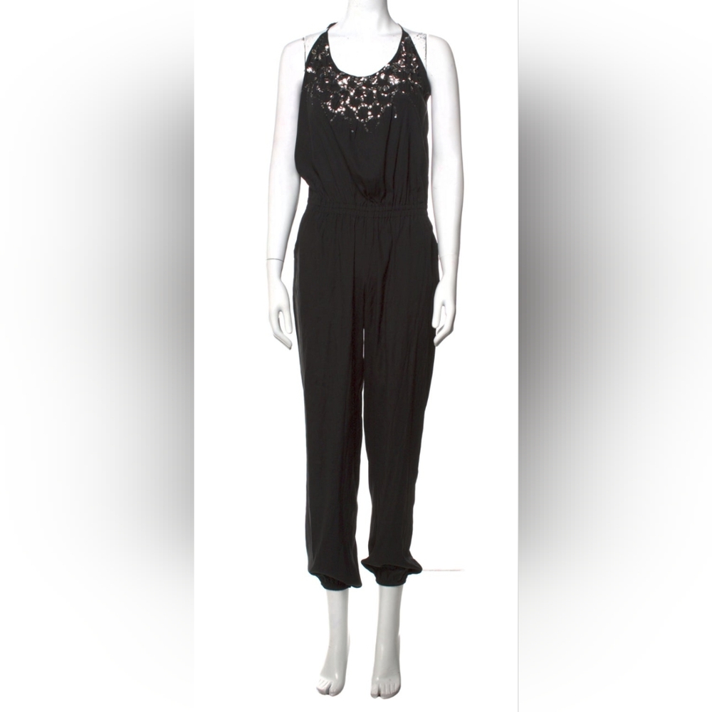 Rebecca Taylor XS (size 2) black silk jumpsuit with pockets and silver sequins